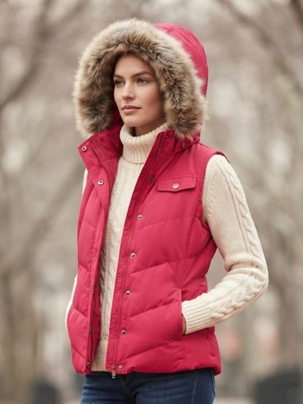 Banana Republic Red Puffer Vest with Faux Fur Hood Size Small